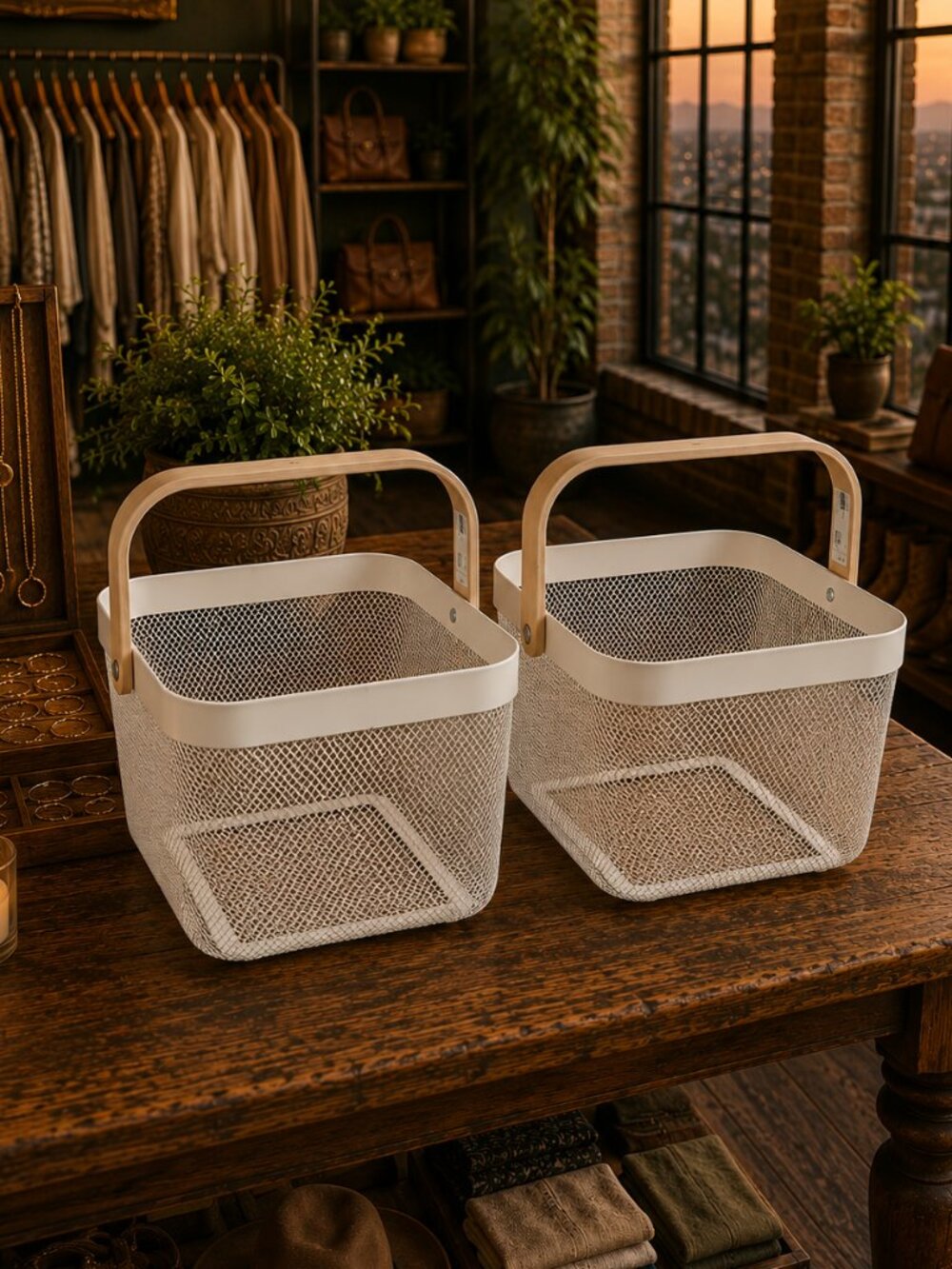 IKEA RISATORP White Metal Mesh Basket Wood Handle Set of 2